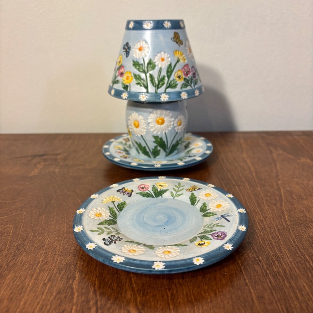 Retired Yankee Candle Daisy Wildflower Ceramic Tealight Tart Warmer Plate Set